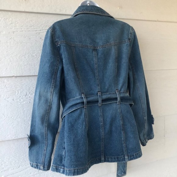 Rampage Size Med Vintage Double Breasted Belted Blue Denim Jacket with Pockets - Picture 14 of 16